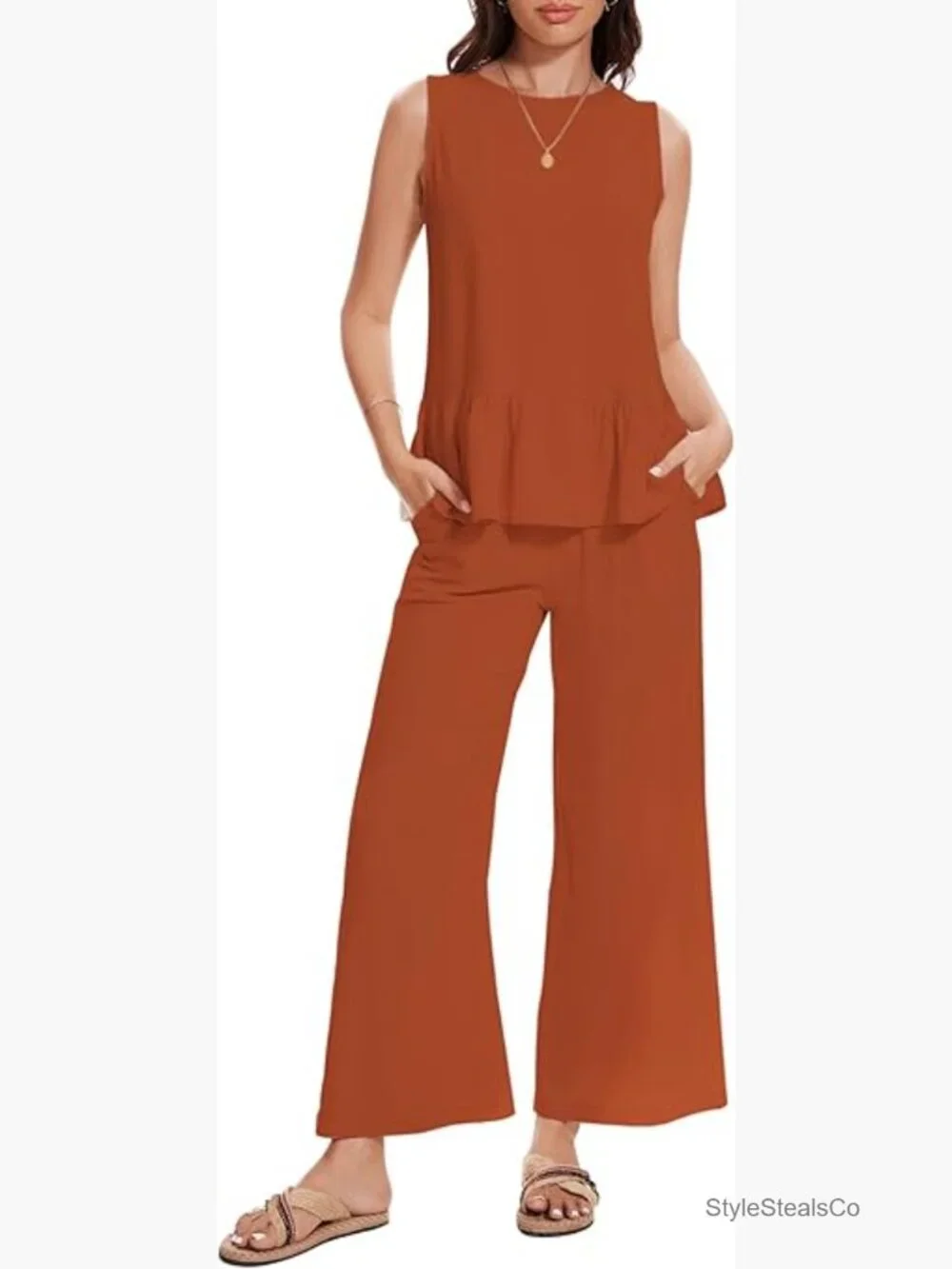 Linen Jumpsuit 2 Piece Outfit Sleeveless Wide Leg Pants Matching Set